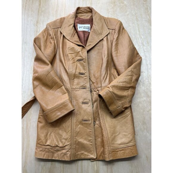 Sheep Mates Jackets & Blazers - VTG Sheep Mates NY Paris Leather Coat Jacket Womens M Belted 70’s Retro Groovy